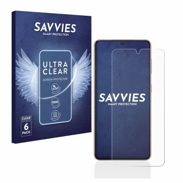 Front side of a product packaging with the brand logo Savvies. Next to it is the device Samsung Galaxy S21 5G shown with the c