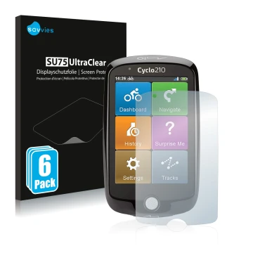 Front side of a product packaging with the brand logo Savvies. Next to it is the device Mio Cyclo 210 shown with the correspon