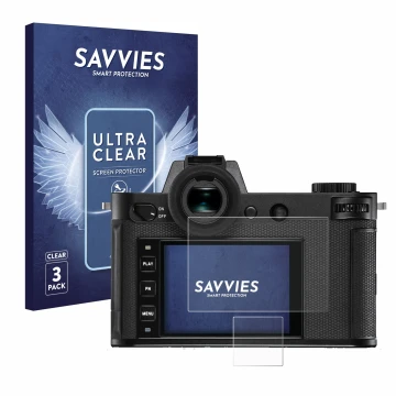 Front side of a product packaging with the brand logo Savvies. Next to it is the device Leica SL2-S shown with the correspondi