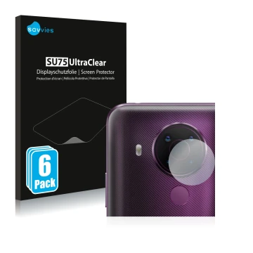 Front side of a product packaging with the brand logo Savvies. Next to it is the device Nokia 5.4 (ONLY Camera Lens) shown wit