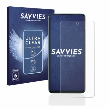Front side of a product packaging with the brand logo Savvies. Next to it is the device Samsung Galaxy A52 shown with the corr