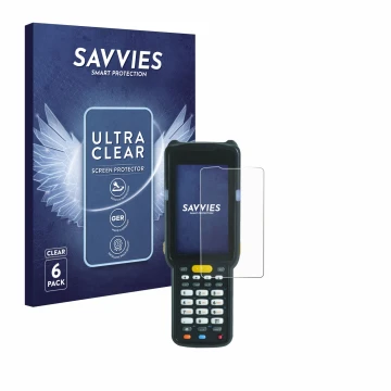 Front side of a product packaging with the brand logo Savvies. Next to it is the device Zebra MC3300X shown with the correspon