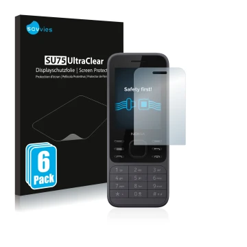 Front side of a product packaging with the brand logo Savvies. Next to it is the device Nokia 6300 2020 shown with the corresp