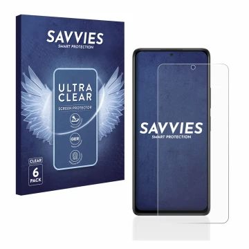Front side of a product packaging with the brand logo Savvies. Next to it is the device Xiaomi Redmi Note 10 Pro shown with th