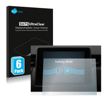 Front side of a product packaging with the brand logo Savvies. Next to it is the device Renault Zoe Easy Link 7