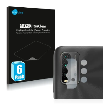 Front side of a product packaging with the brand logo Savvies. Next to it is the device Xiaomi Redmi 9T (ONLY Camera Lens) sho