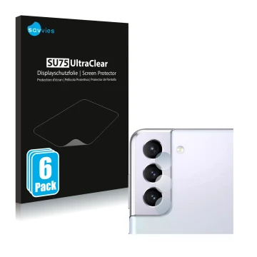 Front side of a product packaging with the brand logo Savvies. Next to it is the device Samsung Galaxy S21 5G (ONLY Camera Len