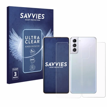 Front side of a product packaging with the brand logo Savvies. Next to it is the device Samsung Galaxy S21 Plus 5G (Front+Back