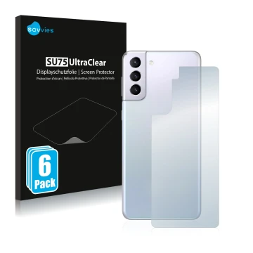 Front side of a product packaging with the brand logo Savvies. Next to it is the device Samsung Galaxy S21 Plus 5G (Back) show