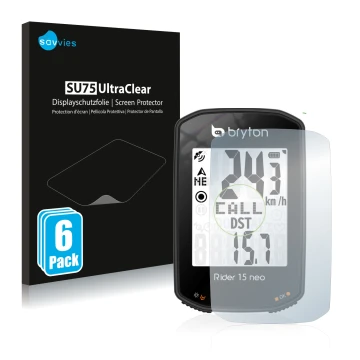 Front side of a product packaging with the brand logo Savvies. Next to it is the device Bryton Rider 15 neo shown with the cor