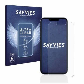 Front side of a product packaging with the brand logo Savvies. Next to it is the device Apple iPhone 13 Pro shown with the cor