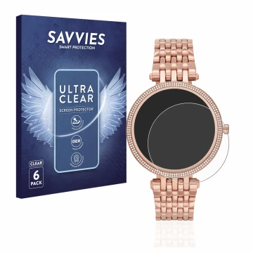Front side of a product packaging with the brand logo Savvies. Next to it is the device Michael Kors Access Darci Gen 5E shown