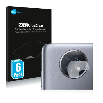 Front side of a product packaging with the brand logo Savvies. Next to it is the device Xiaomi Redmi Note 9T 5G (ONLY Camera L