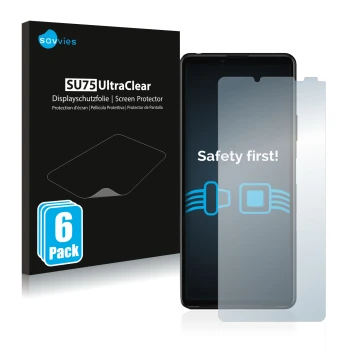 Front side of a product packaging with the brand logo Savvies. Next to it is the device Sony Xperia 10 III shown with the corr