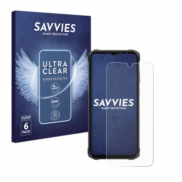 Front side of a product packaging with the brand logo Savvies. Next to it is the device Ulefone Armor 12 shown with the corres