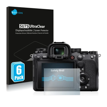 Front side of a product packaging with the brand logo Savvies. Next to it is the device Sony Alpha 1 shown with the correspond