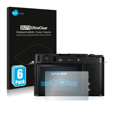 Front side of a product packaging with the brand logo Savvies. Next to it is the device Fujifilm X-E4 shown with the correspon