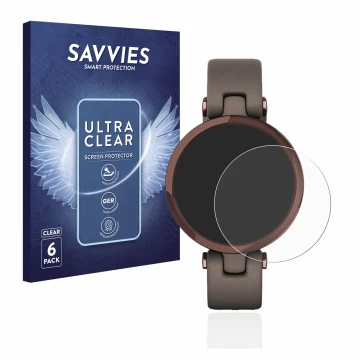 Front side of a product packaging with the brand logo Savvies. Next to it is the device Garmin Lily shown with the correspondi