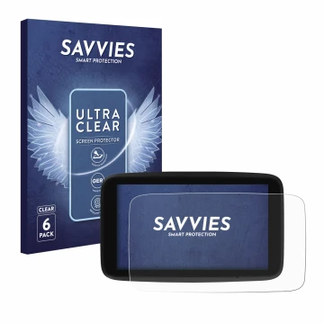 Front side of a product packaging with the brand logo Savvies. Next to it is the device TomTom GO Discover 7