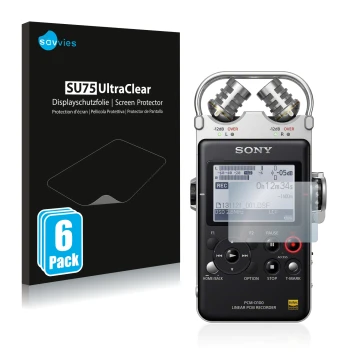 Front side of a product packaging with the brand logo Savvies. Next to it is the device Sony PCM D100 shown with the correspon