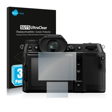 Front side of a product packaging with the brand logo Savvies. Next to it is the device Fujifilm GFX100S shown with the corres