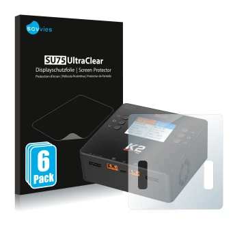 Front side of a product packaging with the brand logo Savvies. Next to it is the device ISDT Smart Duo Charger K2 shown with t