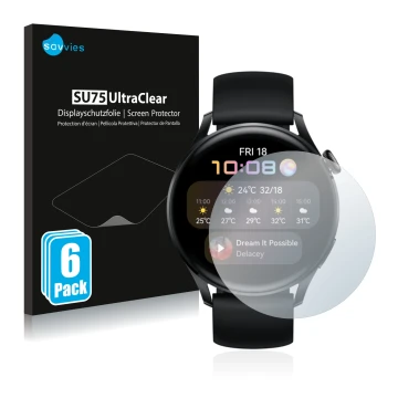 Front side of a product packaging with the brand logo Savvies. Next to it is the device Huawei Watch 3 shown with the correspo