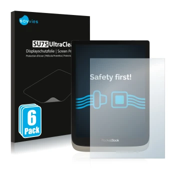 Front side of a product packaging with the brand logo Savvies. Next to it is the device PocketBook InkPad Color shown with the