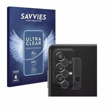 Front side of a product packaging with the brand logo Savvies. Next to it is the device Samsung Galaxy A52 5G (ONLY Camera Len