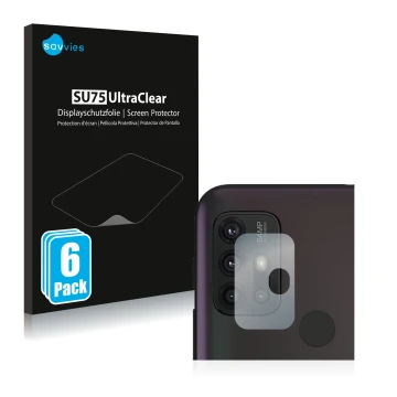 Front side of a product packaging with the brand logo Savvies. Next to it is the device Motorola Moto G30 (ONLY Camera Lens) s