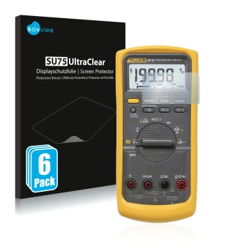 Front side of a product packaging with the brand logo Savvies. Next to it is the device Fluke 87v shown with the corresponding