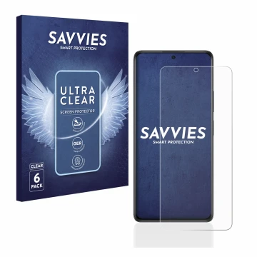 Front side of a product packaging with the brand logo Savvies. Next to it is the device Xiaomi Redmi Note 10S shown with the c