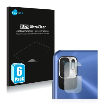Front side of a product packaging with the brand logo Savvies. Next to it is the device Xiaomi Redmi Note 10 5G (ONLY Camera L