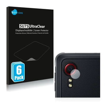 Front side of a product packaging with the brand logo Savvies. Next to it is the device Samsung Galaxy XCover 5 (ONLY Camera L