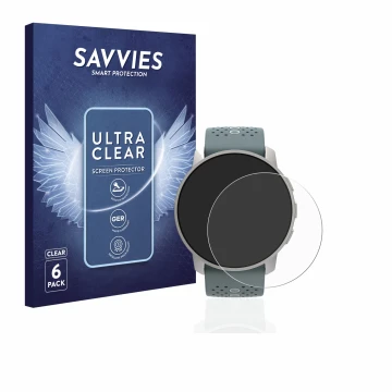 Front side of a product packaging with the brand logo Savvies. Next to it is the device Suunto 9 Peak shown with the correspon