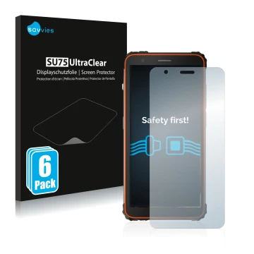 Front side of a product packaging with the brand logo Savvies. Next to it is the device Blackview BV6600 shown with the corres