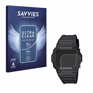 Front side of a product packaging with the brand logo Savvies. Next to it is the device Casio G-Shock GW-M5610-1ER shown with 