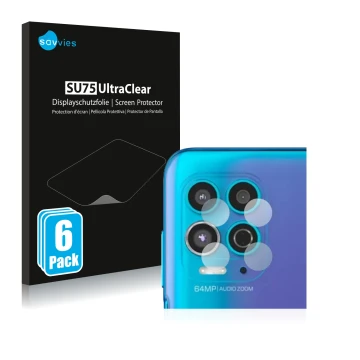 Front side of a product packaging with the brand logo Savvies. Next to it is the device Motorola Moto G100 (ONLY Camera Lens) 