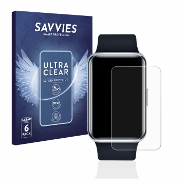 Front side of a product packaging with the brand logo Savvies. Next to it is the device Huawei Watch Fit Elegant shown with th