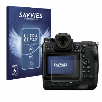 Front side of a product packaging with the brand logo Savvies. Next to it is the device Nikon Z 9 shown with the corresponding