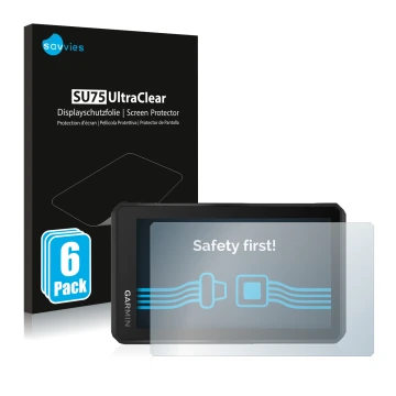 Front side of a product packaging with the brand logo Savvies. Next to it is the device Garmin Tread 5.5