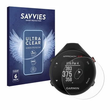 Front side of a product packaging with the brand logo Savvies. Next to it is the device Garmin Approach G12 shown with the cor