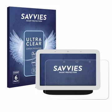 Front side of a product packaging with the brand logo Savvies. Next to it is the device Google Nest Hub 2 shown with the corre