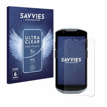 Front side of a product packaging with the brand logo Savvies. Next to it is the device Zebra TC52x shown with the correspondi