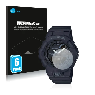 Front side of a product packaging with the brand logo Savvies. Next to it is the device Casio G-Shock GBA800 shown with the co
