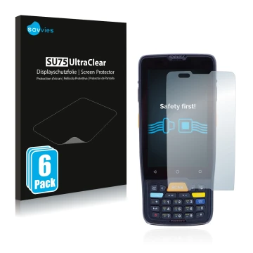 Front side of a product packaging with the brand logo Savvies. Next to it is the device Datalogic Memor K shown with the corre