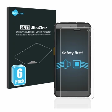 Front side of a product packaging with the brand logo Savvies. Next to it is the device i.safe MOBILE IS655.2 shown with the c