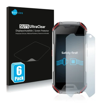 Front side of a product packaging with the brand logo Savvies. Next to it is the device Unihertz Atom XL shown with the corres