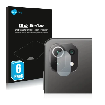 Front side of a product packaging with the brand logo Savvies. Next to it is the device Xiaomi Mi 11 Lite 5G (ONLY Camera Lens