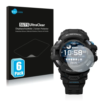 Front side of a product packaging with the brand logo Savvies. Next to it is the device Casio G-Shock GSW-H1000 shown with the